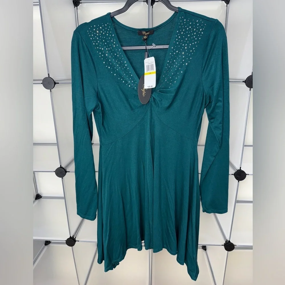 Cupio Womens Trapeze Long Sleeve Knot Front Dress Steam Green Size M